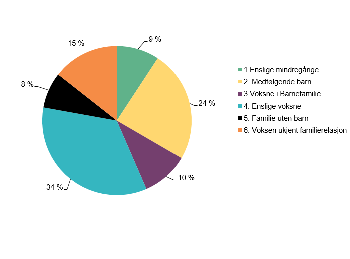 Kakediagram som viser familierelasjonen for asylsøkere i 2016. Enslige mindreårige 9 %, medfølgende barn 24 %, voksne i barnefamilie 10 %, enslige voksne 34 %, familie uten barn 8 %, voksen ukjent familierelasjon 15 %. 